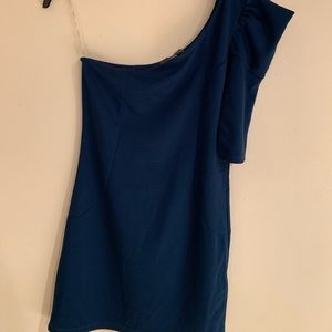 Forever 21 Bodycon Blue Dress One Shoulder Puff Sleeve